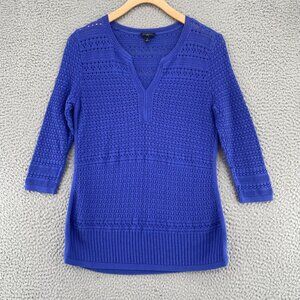 Talbots Sweater Womens Petite Blue Crochet Lace Knit Split V Neck 3/4 Sleeves